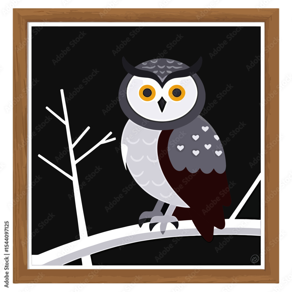 Obraz premium Charming Owl Art Print-Whimsical Night Scene-Cute Owl on Branch-Starry Night Decor-Unique Wall Art-Ideal for Nursery or Kids Room-Owl Lover Gift-Framed Owl Art