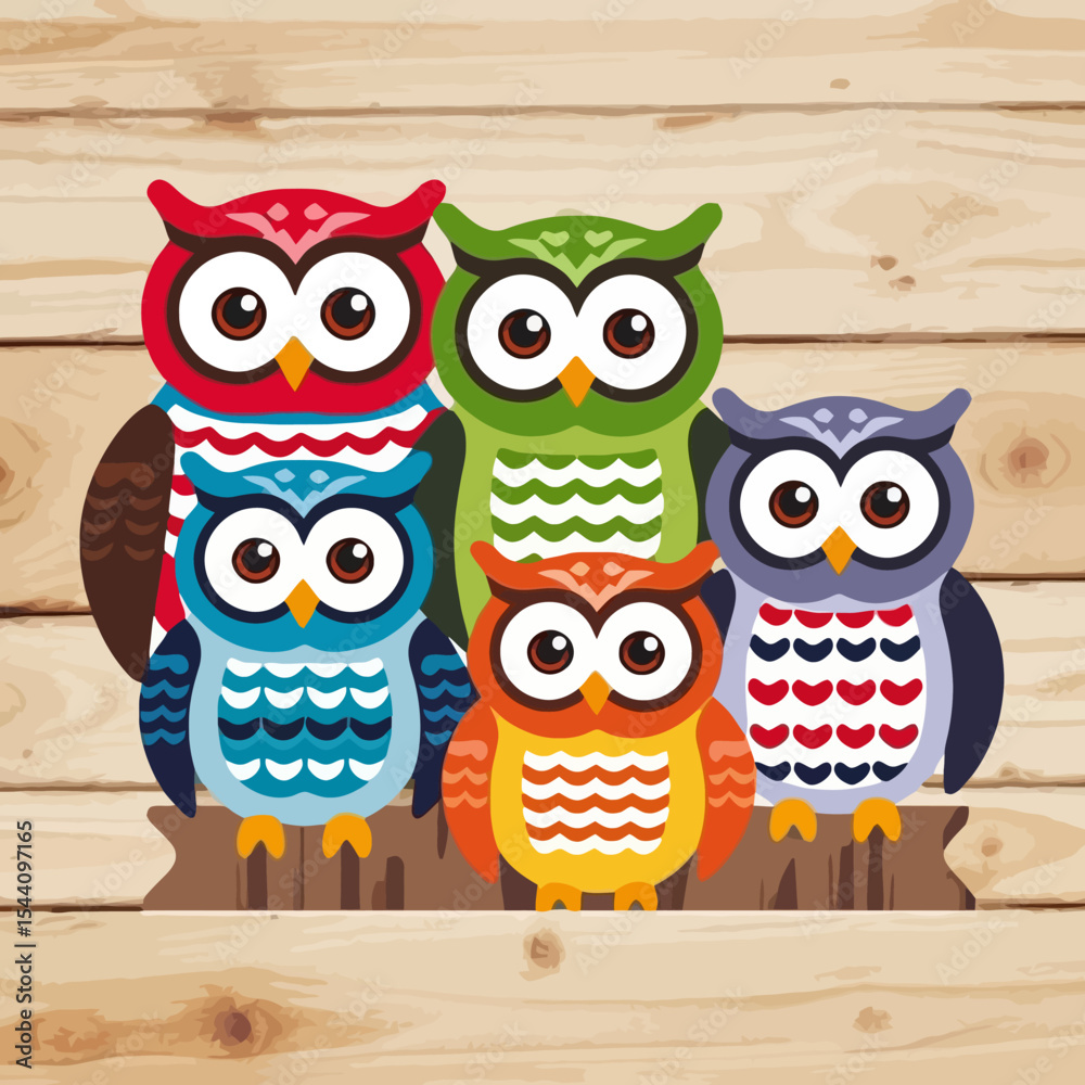 Fototapeta premium Colorful Cartoon Owls- Cute Owl Family Illustration- Woodland Creature Design- Perfect for Kids- Animal Art Print- Whimsical Owl Decor- Nursery Wall Art