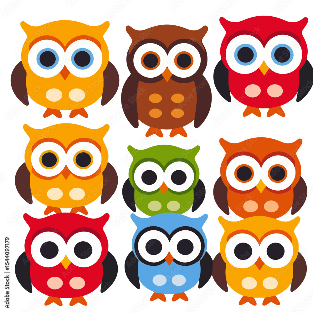 Fototapeta premium Colorful Cartoon Owls Illustration- Cute Owls Vector Graphic- Fun and Whimsical Owl Design- Perfect for Kids- Owl Clip Art- Ideal for Crafts and Educational Materials