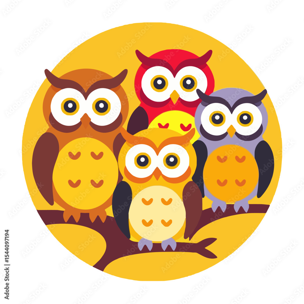 Fototapeta premium Colorful Cartoon Owls on a Branch - Whimsical Owl Illustration for Kids - Cute Owl Family Graphic for Nursery Decor - Educational Owl Art Print