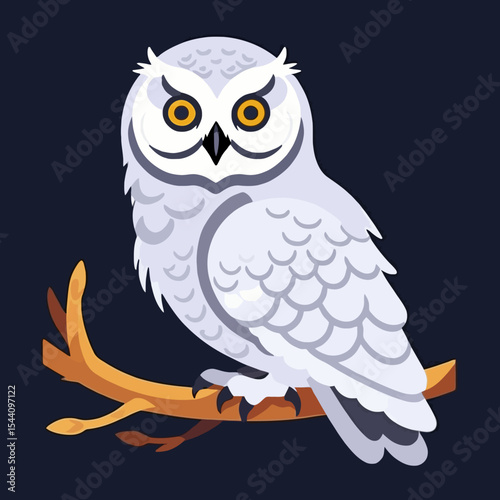 Cartoon Snowy Owl Illustration-Vector Image of a Beautiful White Owl Perched on a Branch-Detailed Owl Artwork with Golden Eyes on Dark Background