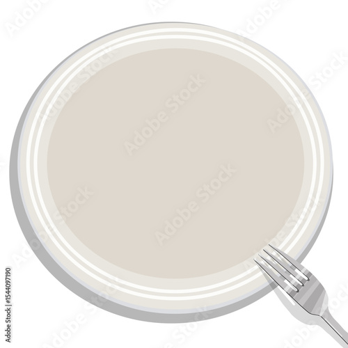 Large white round empty plate with stainless steel fork. Vector illustration of kitchen utensils. View from above.