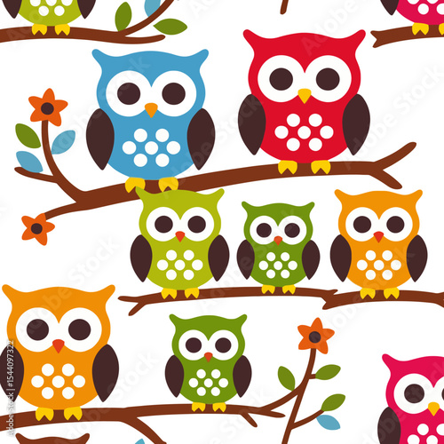 Colorful Owl Pattern Design - Cute Owls on Branches Illustration - Whimsical Animal Art for Kids - Nursery Decor and Textile Print - Owl Lover Gift Idea