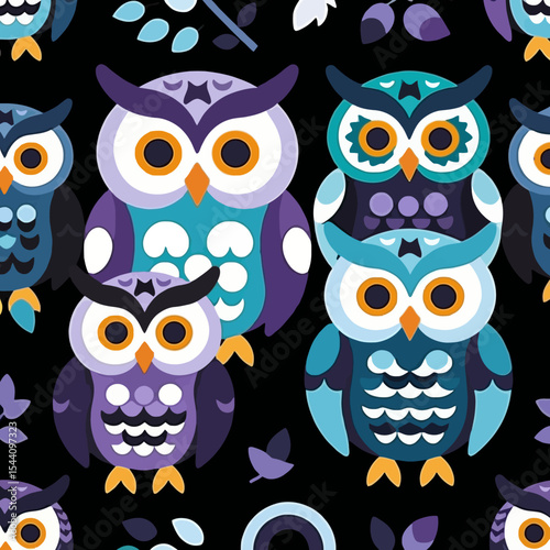 Colorful Owl Pattern Design-Cute Owls Vector-Whimsical Bird Illustration-Seamless Tileable Repeat-Halloween Theme Design-Illustration of Birds