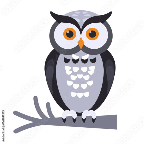 Cute Cartoon Owl Illustration-Adorable Owl Perched on Branch Vector-Gray and Black Owl with Orange Eyes-Whimsical Animal Artwork-Ideal for Children's Designs