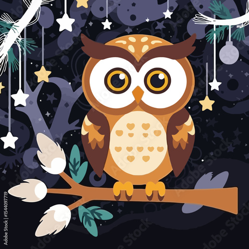 Cute Cartoon Owl Perched on Branch at Night-Whimsical Illustration with Stars-Perfect for Children's Art-Owls in Nature-Nighttime Forest Scene for Kids-Art Prints