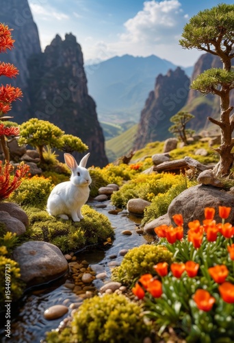A white rabbit sits in the mountain stream