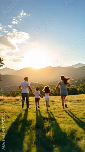 Family of four running together through grassy field towards the bright sunset, mountains in the background, summertime, sunshine, freedom