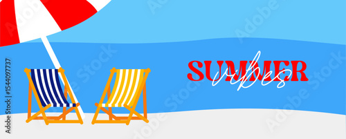 Abstract minimal summer horizontal poster, cover, banner, card with bright sea, blue sky and striped beach chairs. Summer holidays, journey, vacation travel illustration. Promo ads design template