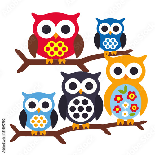 Cute Cartoon Owls on a Branch - Colorful Owl Illustration for Kids - Adorable Owl Graphic Design - Whimsical Owl Art for Nursery Decor - Fun Owl Clipart for Children