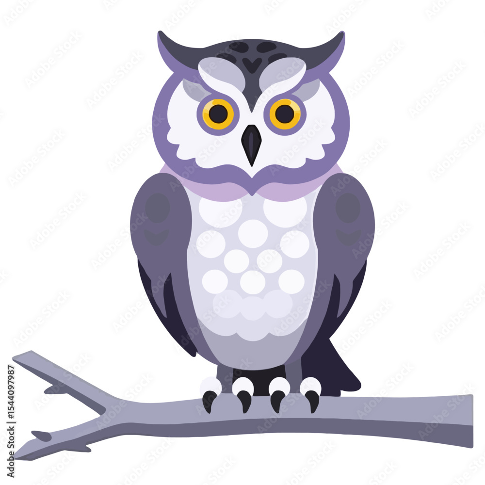 Fototapeta premium Cute Owl Illustration-Cartoon Bird on Branch-Wildlife Art-Adorable Owl with Yellow Eyes-Nature Themed Artwork-Owl Cartoon Illustration for Kids