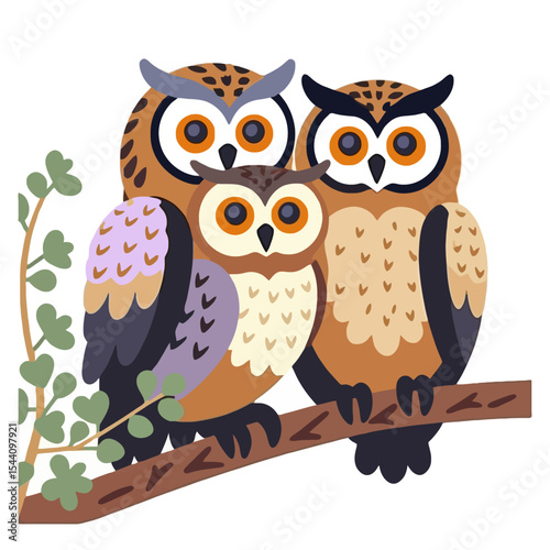 Cute Owl Family Illustration- Whimsical Cartoon Owls Perched on a Branch- Adorable Bird Art for Kids and Nature Lovers- Perfect for Prints and Designs