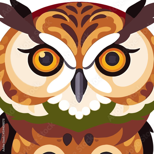 Illustration of a Brown Owl Face - Close Up Detail of an Owl - Colorful Owl Portrait with Large Eyes and Detailed Feathers - Bird of Prey Graphic Design