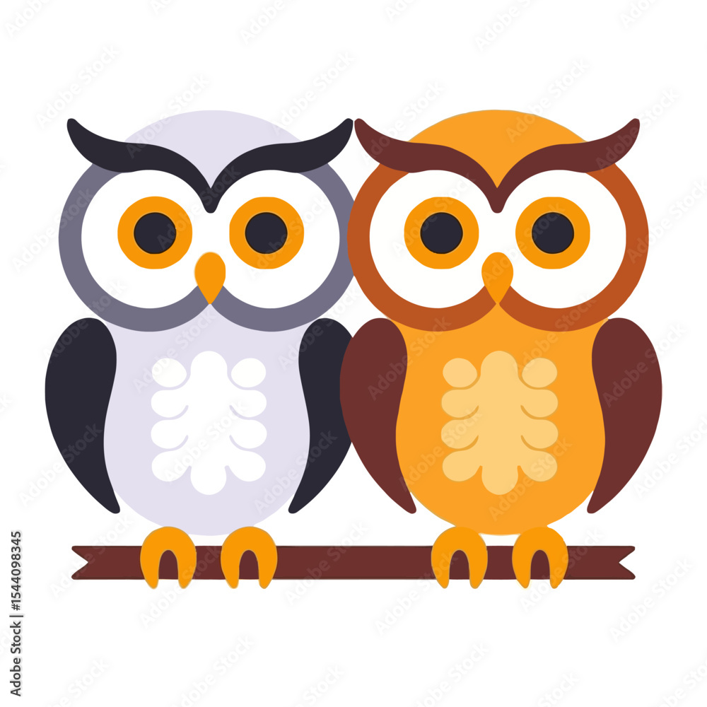 Fototapeta premium Two Adorable Owls Clipart- Cute Owl Illustration for Kids- Graphic Design Element of Owls on a Branch- Fun Owl Vector Art for Children- Owl themed Crafts Project
