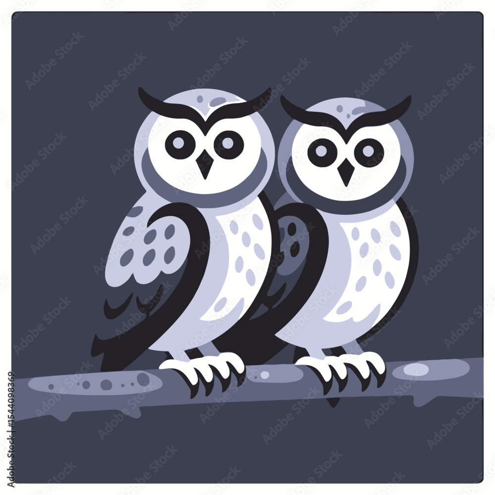 Obraz premium Two Owls Perched on a Branch Illustration-Cute Owl Couple Art-Cartoon Owls Image-Night Owls Graphic-Birds on a Tree Limb-Wildlife Art-Owl Lovers Gift