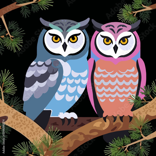 Two Wise Owls Perched on a Branch-Owl Illustration-Nocturnal Birds Art-Wildlife Decor-Nature Inspired Artwork-Bird Watching Theme-Owl Lovers Gift