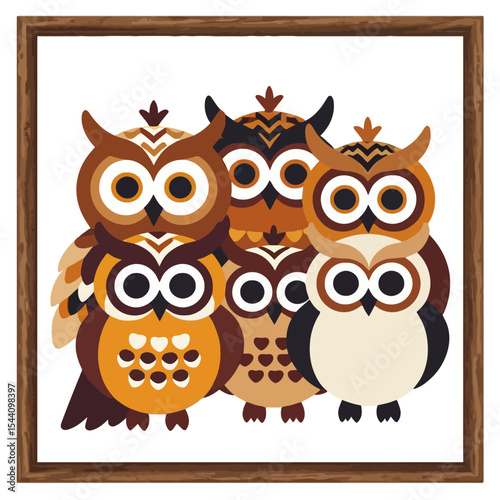 Whimsical Owl Family Art Print-Retro Inspired Illustration in Wood Frame-Cute Cartoon Owls for Nursery Decor-Unique Wall Art for Owl Lovers-Stylish Home Accent