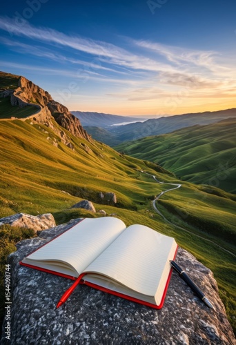 On the rock is an open book with a pen on it