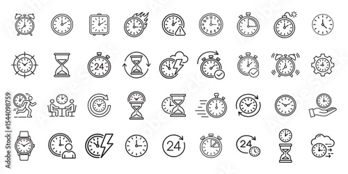 Vector Icon Collection of Time Concepts . Editable Line Icons for Stopwatch, Timer, Alarm, and Clock Tools on White Background