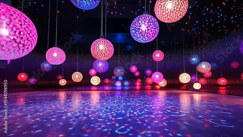 A mesmerizing array of illuminated orbs creates a dreamy spectacle in a spacious interior