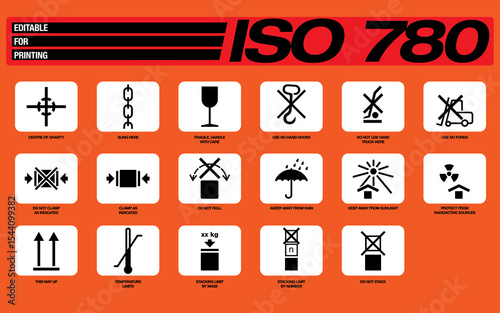 ISO 780 Set of packaging vector symbols for handling and transporting goods. Editable vectors for printing.