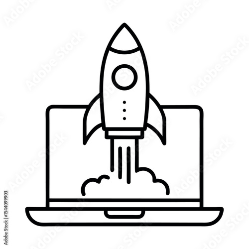 Line vector icon of a rocket launching from a laptop screen. Ideal for startup concepts, app launches, innovation, tech growth, digital marketing, and web development visuals.