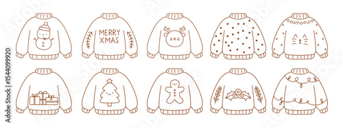 A collection of Christmas sweaters with various designs and decorations. Some of the sweaters have Christmas trees and gingerbread men on them