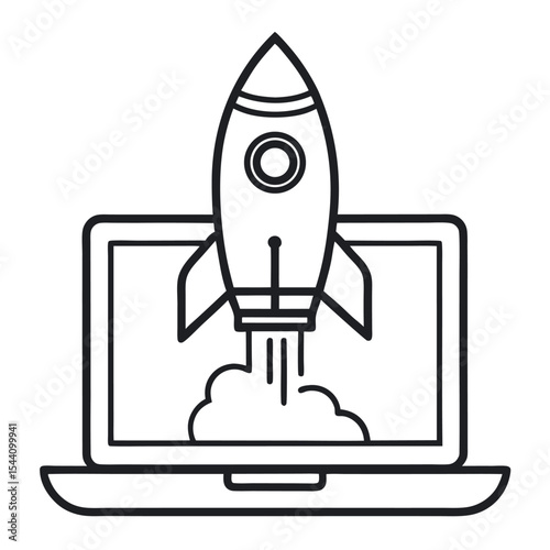 Line vector icon of a rocket launching from a laptop screen. Ideal for startup concepts, app launches, innovation, tech growth, digital marketing, and web development visuals.