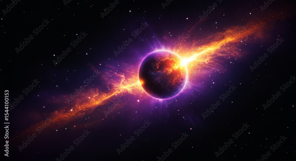 Fototapeta premium Glowing Planet with Energy Stream in Dark Space