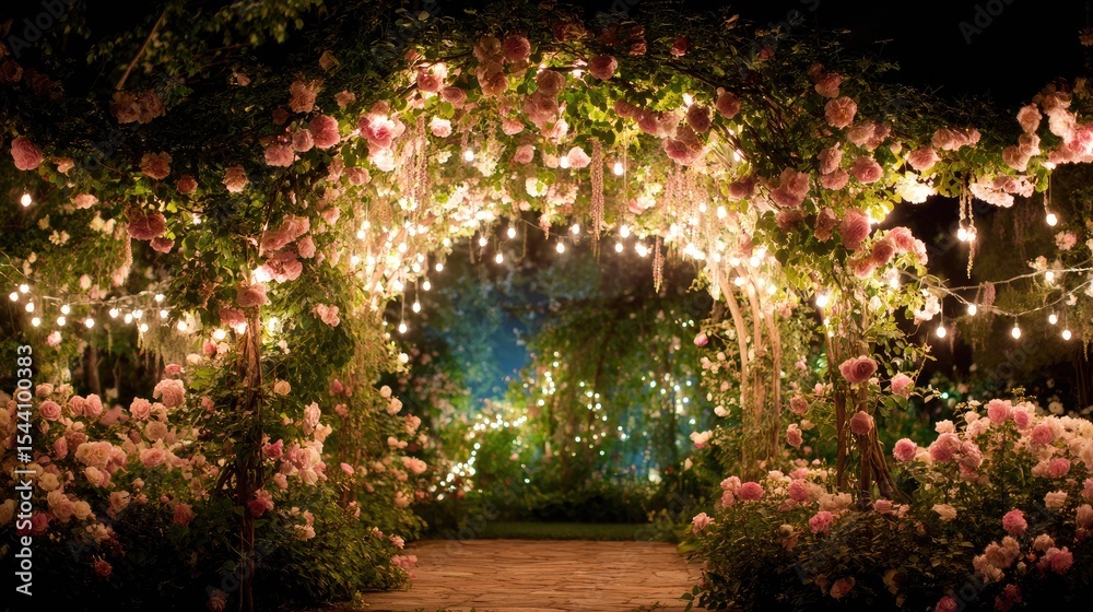Fototapeta premium Garden archway decorated with climbing roses and delicate string lights