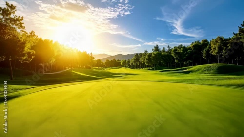Scenic golf course landscape with vibrant green fairway, trees, sunlight and a mountain range in the distance on a clear day.