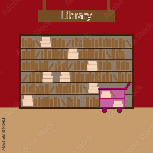 Illustration of a library rack full of books with an organization cart on the side