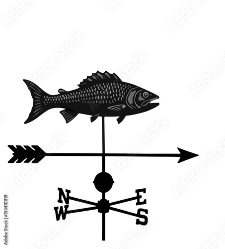 Fish weather vane silhouette with directional arrows, vector