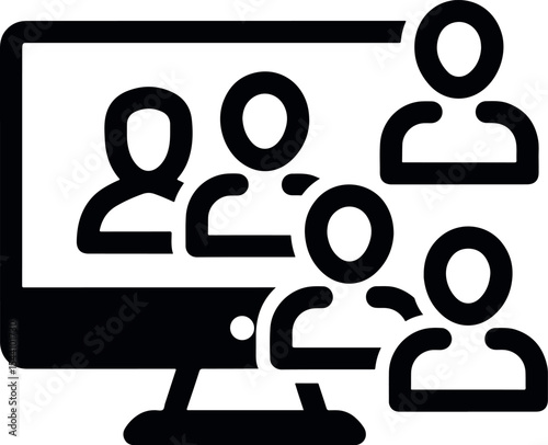 Minimal icon representing a virtual meeting, with multiple user figures on a computer or screen layout, symbolizing remote collaboration or online conferencing.

