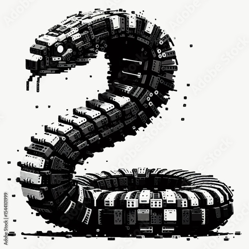A black and white silhouette of a snake robot for reconnaissance and search operations on a white isolated background. Vector graphics. EPS.