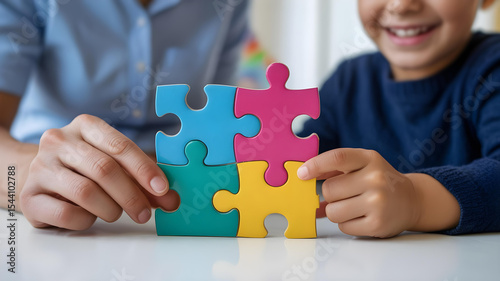 Smiling child with adult assembling puzzle pieces representing autism therapy support and inclusion