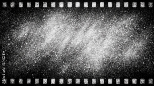 Black and white film filter texture with grainy appearance. The image features a film strip border with a blurred, soft focus center.