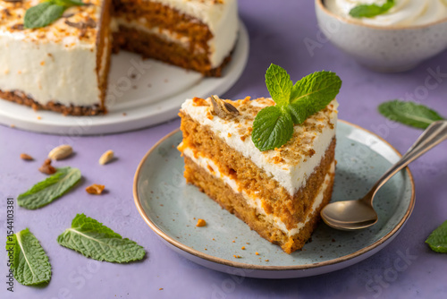 From above close up of slice of tasty sweet carrot sponge cake with cream decorated with mint leaf served on plate with spoon on table on purple background photo
