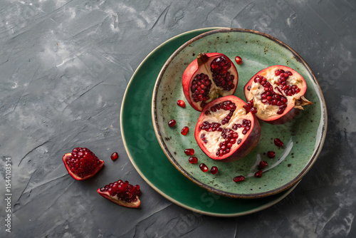 From above fresh pomegranate pieces with vibrant red seeds on a green ceramic plate set against a textured grey concrete background