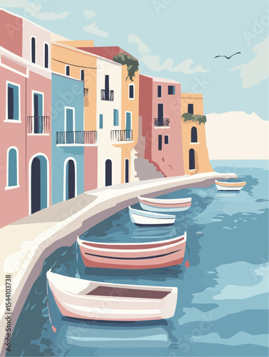 Pastel vector scene of a Mediterranean town with soft architecture and boats. Perfect for lifestyle branding, decor, or stationery design