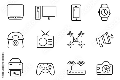 Devices line stroke icon set. Electronics, home appliance, smart devices, technology, computer, smartphone, tablet, laptop, drone, TV, camera icons. Editable vector illustration