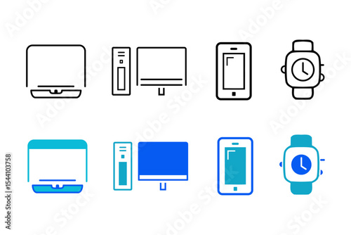 Devices flat and line icon set. Electronics, home appliance, smart devices, technology, computer, smartphone, tablet, laptop, drone, TV, camera icons. Editable vector illustration