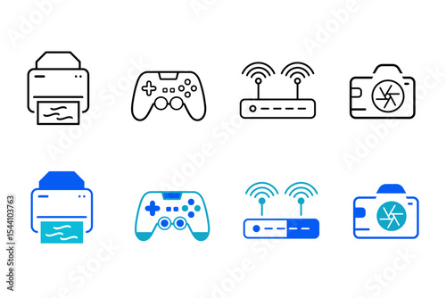 Devices flat and line icon set. Electronics, home appliance, smart devices, technology, computer, smartphone, tablet, laptop, drone, TV, camera icons. Editable vector illustration