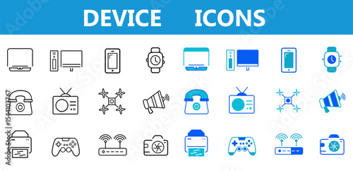 Devices flat and line icon set. Electronics, home appliance, smart devices, technology, computer, smartphone, tablet, laptop, drone, TV, camera icons. Editable vector illustration