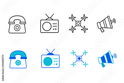 Devices flat and line icon set. Electronics, home appliance, smart devices, technology, computer, smartphone, tablet, laptop, drone, TV, camera icons. Editable vector illustration