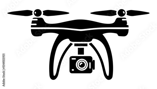 A black and white silhouette of a quadcopter drone with a camera on a white isolated background. Vector graphics. EPS.
