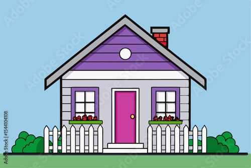 Purple House with White Fence and Red Flowers small house