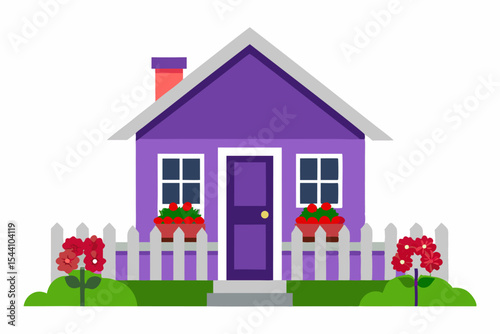 Purple House with Red Flowers White Fence Green Lawn