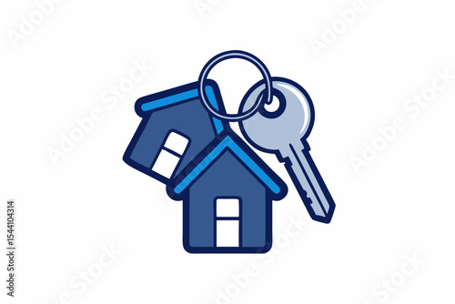 Blue House Key Graphic Illustration Two Homes Keyring