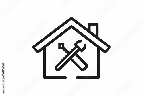Black Line Art House Repair Icon Wrench Screwdriver